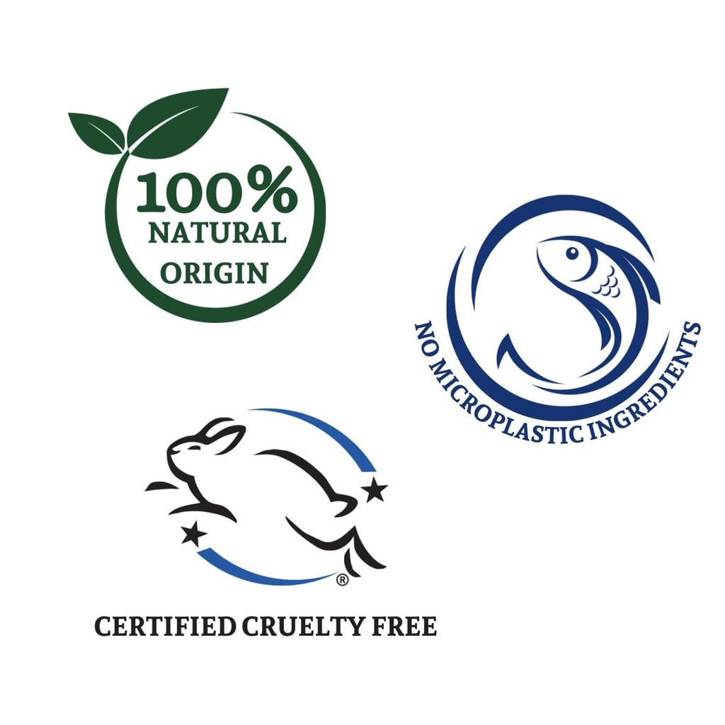 3 Logos saying 100% natural origin, no microplastic ingredients, and Leaping Bunny certified cruelty free