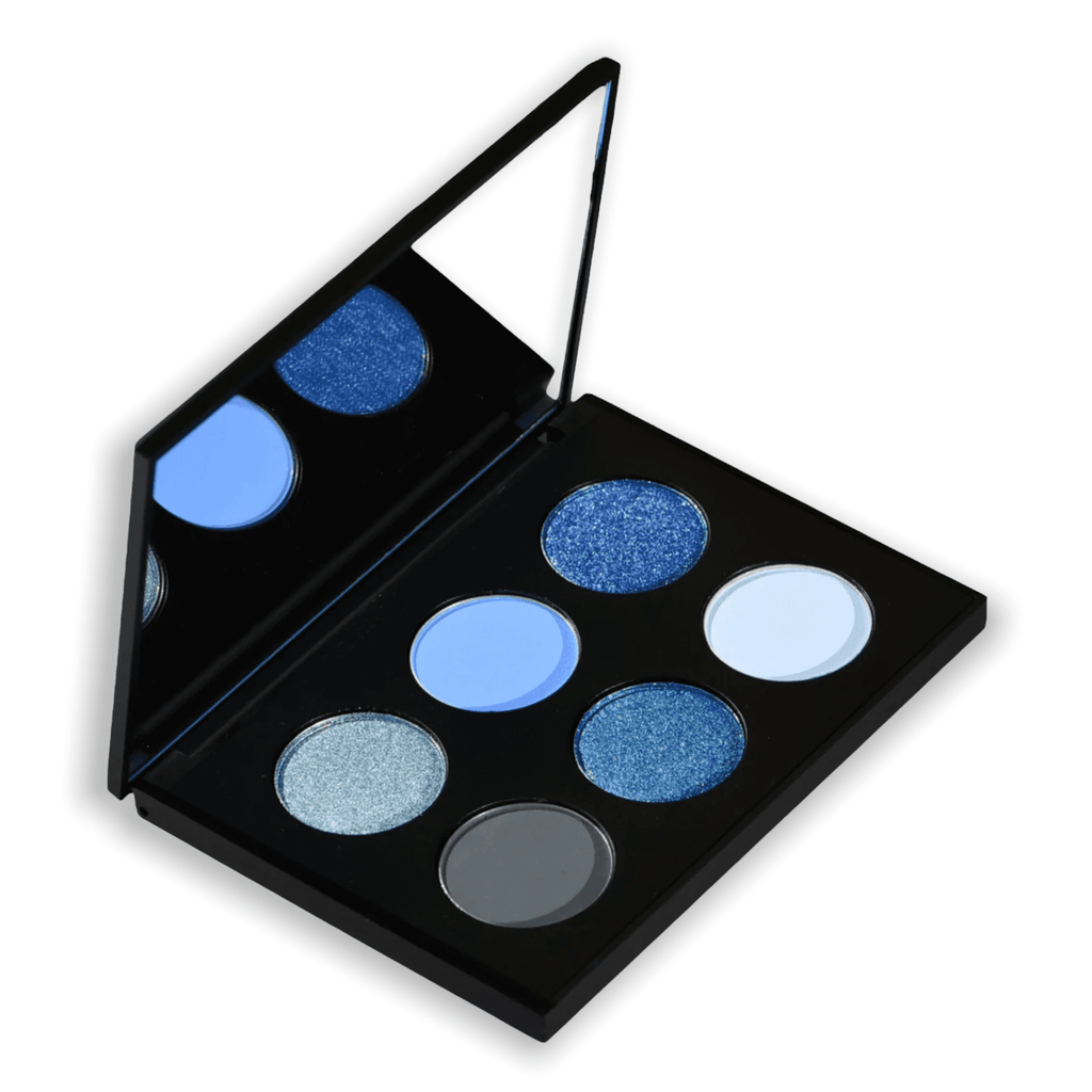 Ocean Eyeshadow Palette by Zakiella. The eyeshadows are a mix of metallic and matte shades of blue and charcoal.