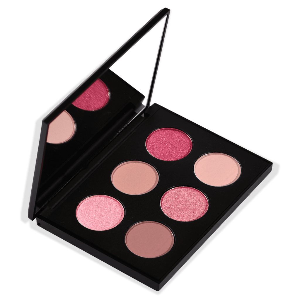 Petals Eyeshadow Palette by Zakiella. The eyeshadows are a mix of pink metallic shades and pinky brown matte neutral shades.