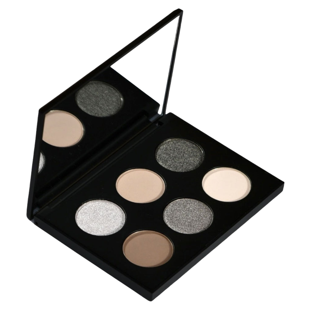 Serenity Eyeshadow Palette by Zakiella. The eyeshadows are a mix of metallic and matte shades of cool brown neutrals.
