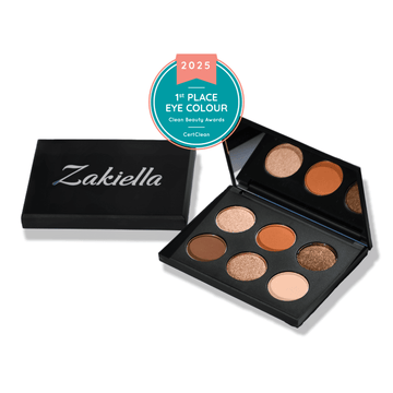 Award winning Zakiella Sand Dunes eyeshadow palette in six warm neutral shades. Won first place in the Clean Beauty Awards by CertClean.
